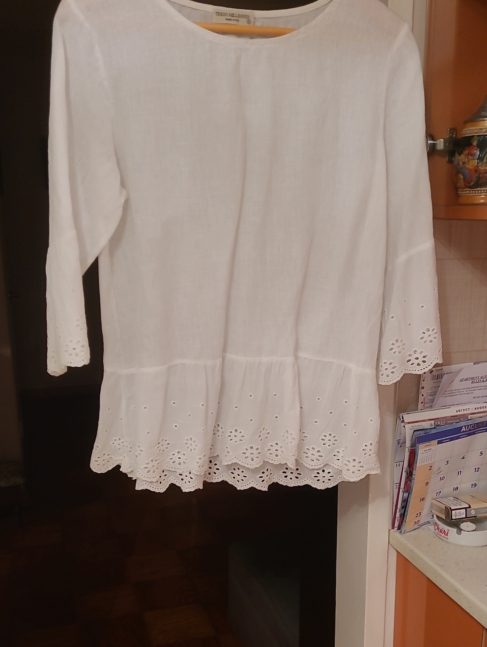 Italian,new,linen.White Eyelet Peplum Blouse - Classic Women's Top
